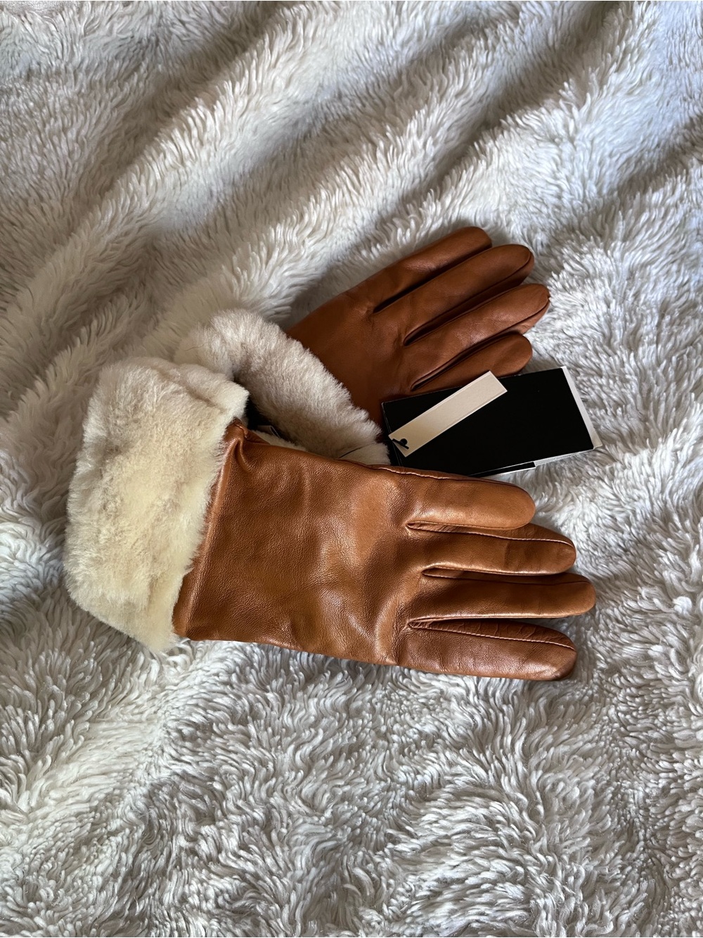 Ugg Tan Brown Leather Gloves with Cream Shearling Cuff